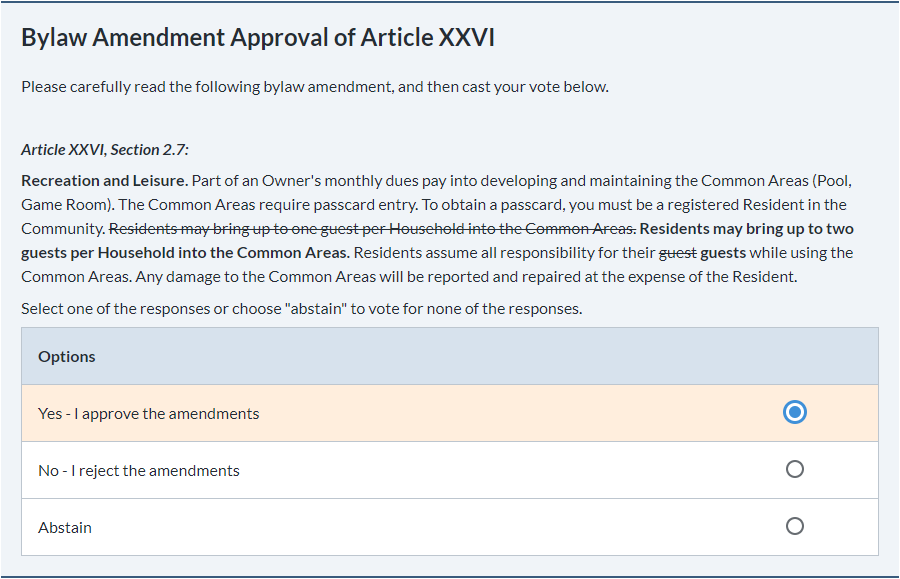 Bylaw typed out and formatted directly on the ballot, using strikethrough and bold formatting